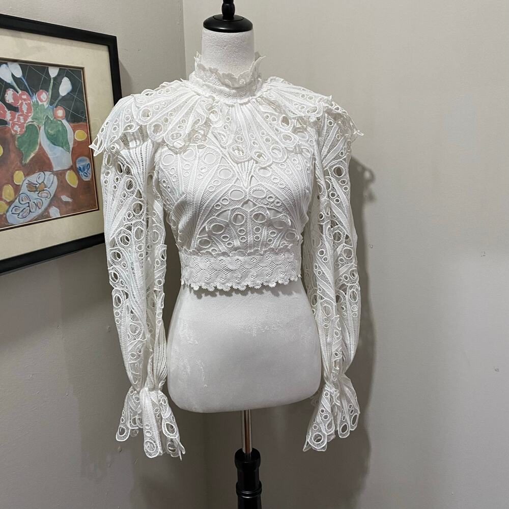 ASOS LUXE Backless Eyelet Ruffle Neck Top Sizes 0 White Lace Long Sleeve - Picture 3 of 13